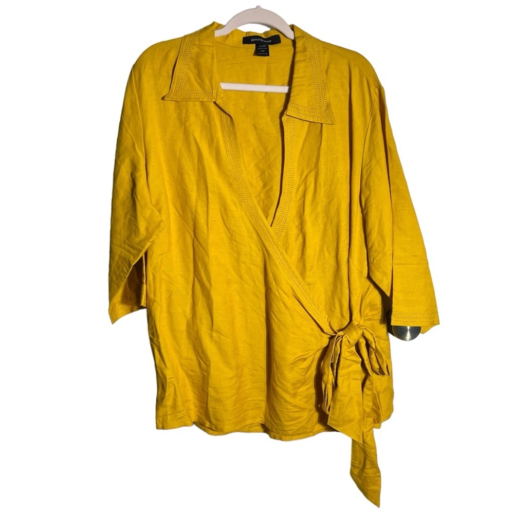 Ashley Stewart Yellow Linen-Blend Wrap Blouse • Size 18W